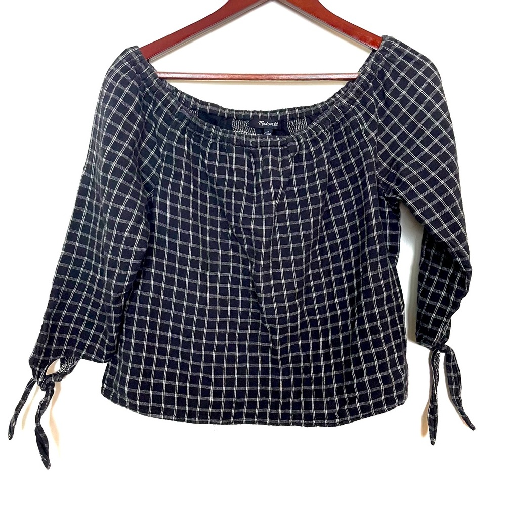 Madewell Women's Off Shoulder Plaid Tie Sleeve Blouse Size Small Black White 90s